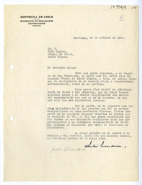 [Carta] 1945 octubre 24, Santiago, Chile [a] Juan Mujica, Bahía Blanca, Argentina