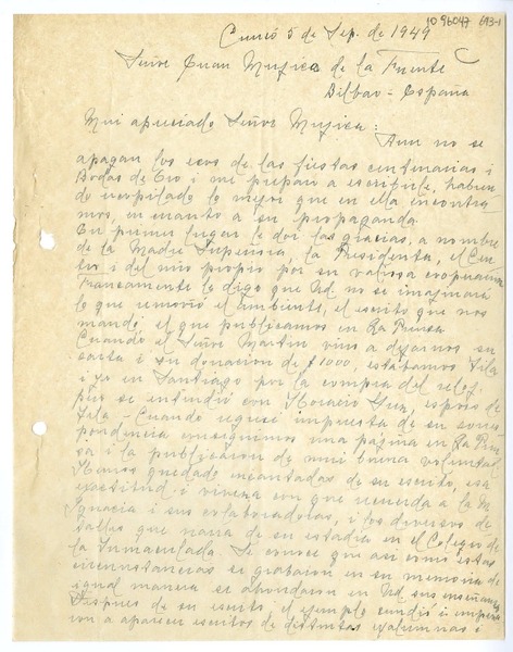 [Carta] 1949 septiembre 5, Curicó, Chile [a] Juan Mujica de la Fuente, Bilbao, España