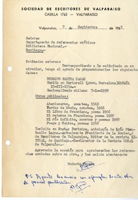 [Carta] 1968 septiembre 7, Valparaíso, Chile [a] Biblioteca Nacional de Chile  [manuscrito] Modesto Parera Casas.