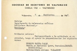 [Carta] 1968 septiembre 7, Valparaíso, Chile [a] Biblioteca Nacional de Chile  [manuscrito] Modesto Parera Casas.