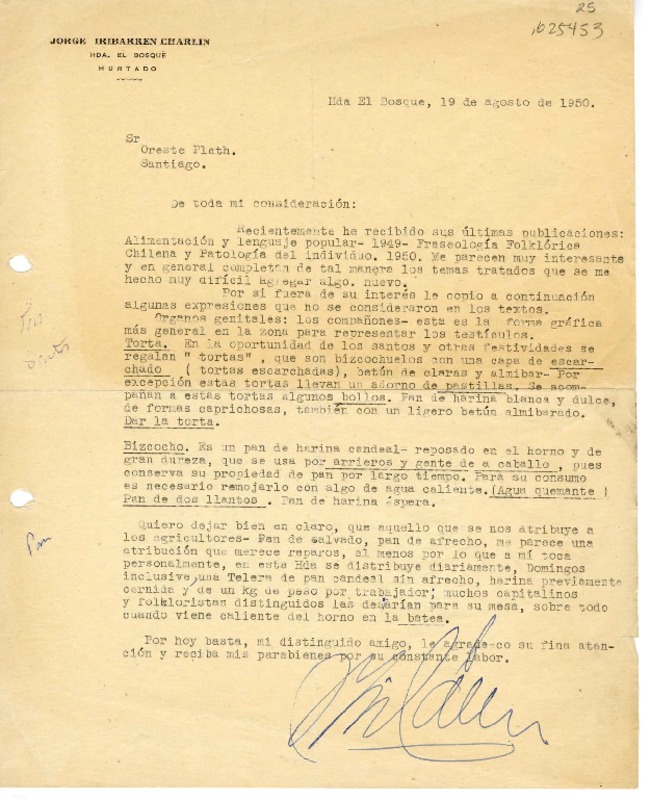 [Carta] 1950 agosto 19, Hacienda El Bosque [Ovalle], Chile [a] Oreste Plath  [manuscrito] Jorge Iribarren Charlin.