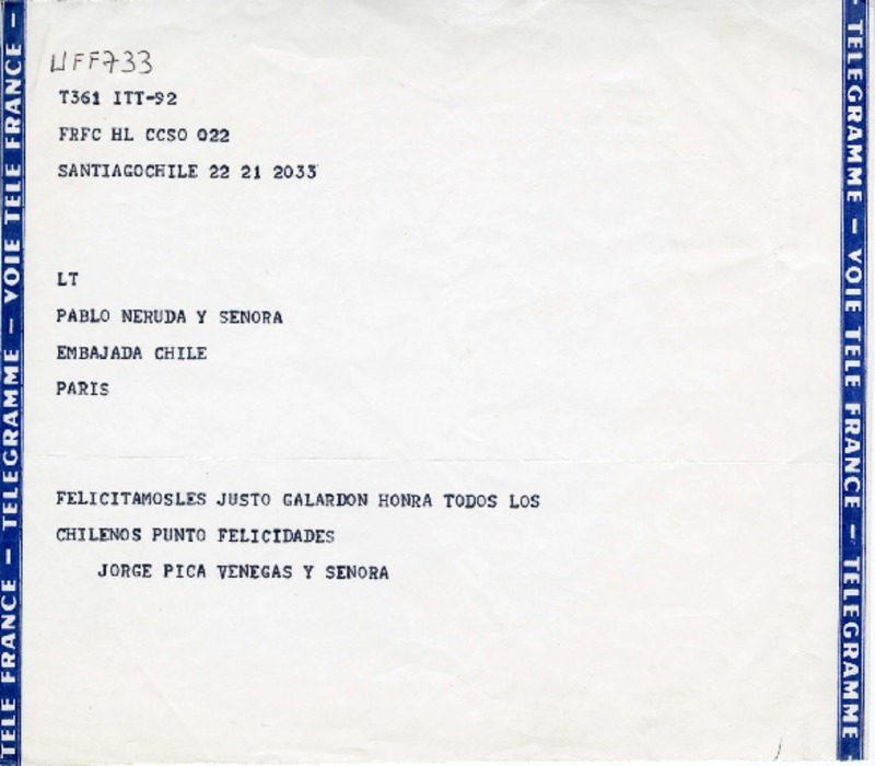 [Telegrama] 1971, Santiago de Chile [a] Pablo Neruda  [manuscrito] Jorge Pica Venegas.