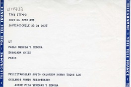 [Telegrama] 1971, Santiago de Chile [a] Pablo Neruda  [manuscrito] Jorge Pica Venegas.