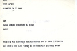 [Telegrama] 1971, Budapest, Hungria [a] Pablo Neruda  [manuscrito] O. Koref.