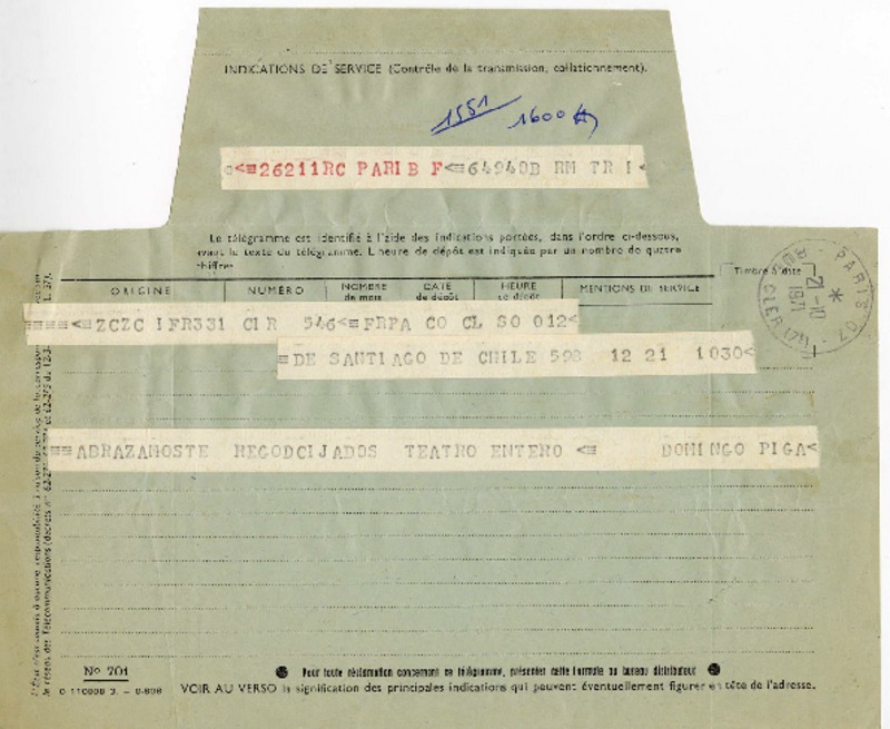 [Telegrama] 1971, octubre 21, Santiago de Chile [a] Pablo Neruda  [manuscrito] Domingo Piga.