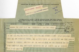 [Telegrama] 1971 octubre 21, Budapest, Hungria [a] Pablo Neruda  [manuscrito] Endre Sik.