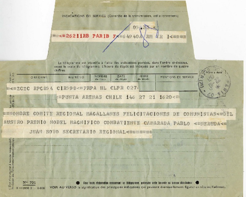 [Telegrama] 1971 octubre 22, Punta Arenas, Chile [a] Pablo Neruda  [manuscrito] Juan Soto Parraguirre.