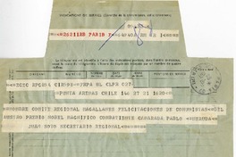[Telegrama] 1971 octubre 22, Punta Arenas, Chile [a] Pablo Neruda  [manuscrito] Juan Soto Parraguirre.