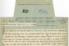 [Telegrama] 1971 octubre 22, Roma, Italia [a] Pablo Neruda  [manuscrito] Luigi Longo.