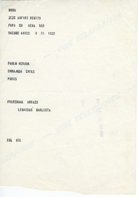 [Telegrama] 1971 octubre 21, Buenos Aires, Argentina [a] Pablo Neruda  [manuscrito] Leonidas Barletta.