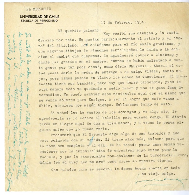 [Carta] 1954 febrero 17, Santiago, Chile [a] Pedro Olmos  [manuscrito] Ernesto Montenegro.