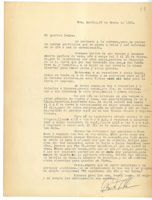 [Carta] 1966 enero 23, Talca, Chile [a] Pedro Olmos  [manuscrito] Alfonso Mora.
