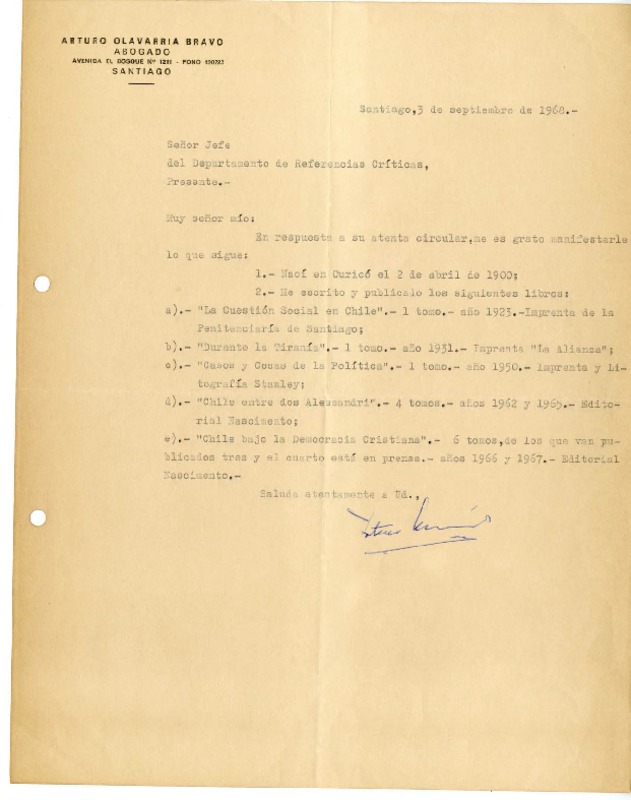 [Carta] 1968 septiembre 3, Santiago, Chile [a] Biblioteca Nacional de Chile  [manuscrito] Arturo Olavarría Bravo.