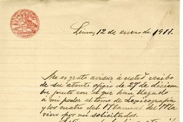 [Carta] 1911 enero 12, Lima, Perú [a] Carlos Silva Cruz  [manuscrito] Ricardo Palma.