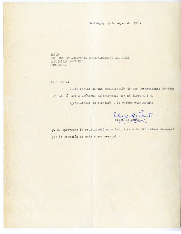 [Carta] 1968 mayo 15, Santiago, Chile [a] Biblioteca Nacional de Chile  [manuscrito] Elisa de Paut.
