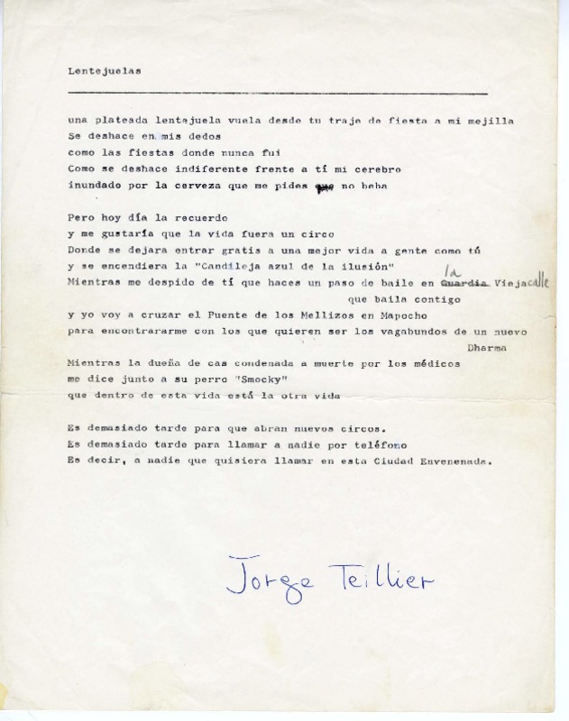 Lentejuelas  [manuscrito] Jorge Teillier.