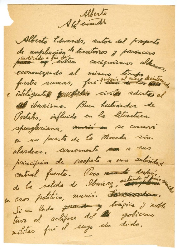 Alberto Edwards  [manuscrito] Joaquín Edwards Bello.