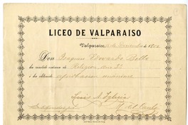 [Diploma] 1900 diciembre 15, Valparaíso, [Chile] [a] Joaquín Edwards Bello  [manuscrito] Liceo de Valparaíso.