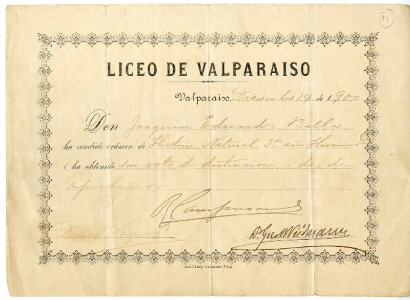 [Diploma] 1900 diciembre 14, Valparaíso, [Chile] [a] Joaquín Edwards Bello  [manuscrito] Liceo de Valparaíso.