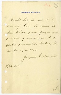 [Recibo] 1905 diciembre 27, Londres, Inglaterra, [Chile] [a] Domingo Gana  [manuscrito] Joaquín Edwards Bello