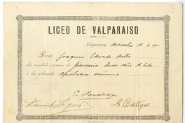 [Diploma] 1900 diciembre 18, Valparaíso, [Chile] [a] Joaquín Edwards Bello  [manuscrito] Liceo de Valparaíso.