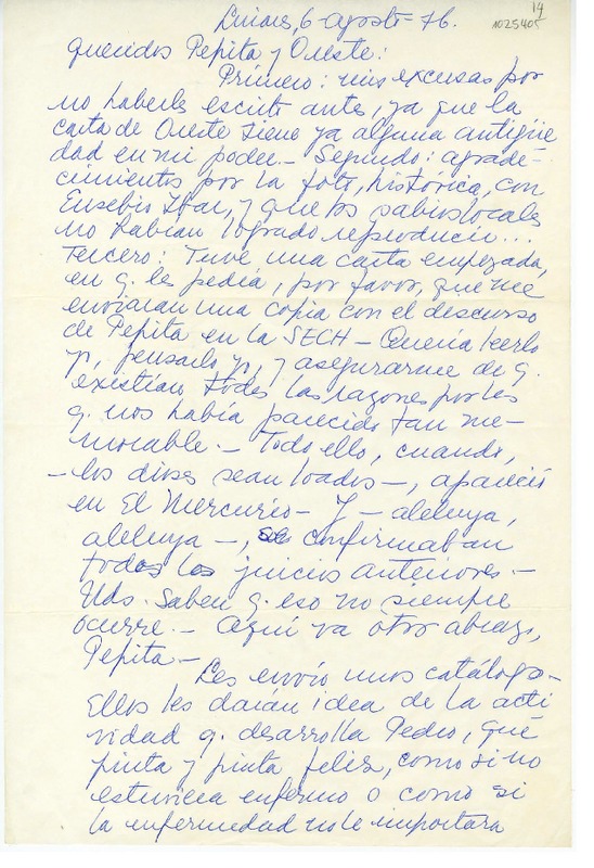 [Carta] 1976 agosto 6, Linares, Chile [a] Oreste Plath  [manuscrito] Emma Jauch.