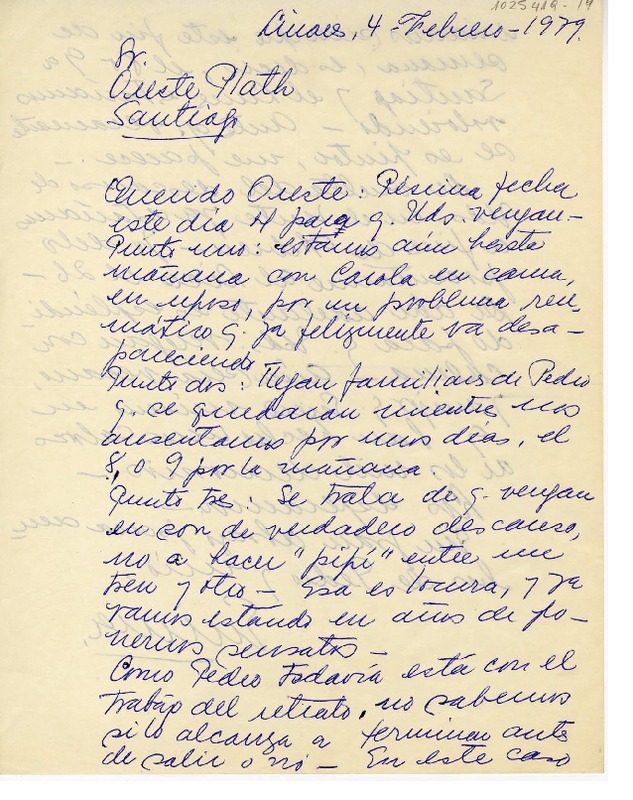 [Carta] 1979 febrero 4, Linares, Chile [a] Oreste Plath  [manuscrito] Emma Jauch.