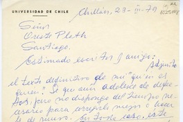 [Carta] 1979 marzo 23, Chillán, Chile [a] Oreste Plath  [manuscrito] Sergio Hernández.