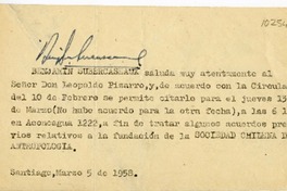 [Carta] 1958 marzo 5, Santiago, Chile [a] Leopoldo Pizarro  [manuscrito] Benjamín Subercaseaux.