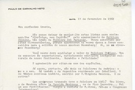 [Carta] 1962 febrero. 14, Quito, Ecuador [a] Oreste Plath  [manuscrito] Paulo de Carvalho Neto.