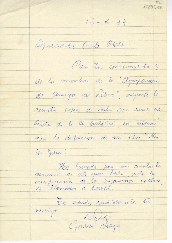 [Carta] 1977 octubre 17, [Curico], [Chile] [a] Oreste Plath  [manuscrito] Gonzalo Drago.