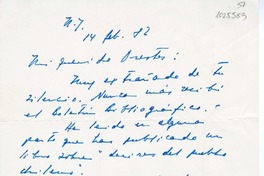 [Carta] 1982 febrero 14, New York [a] Oreste Plath  [manuscrito] Humberto Díaz Casanueva.