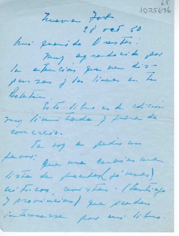[Carta] 1980 octubre 28, New York [a] Oreste Plath  [manuscrito] Humberto Díaz Casanueva.