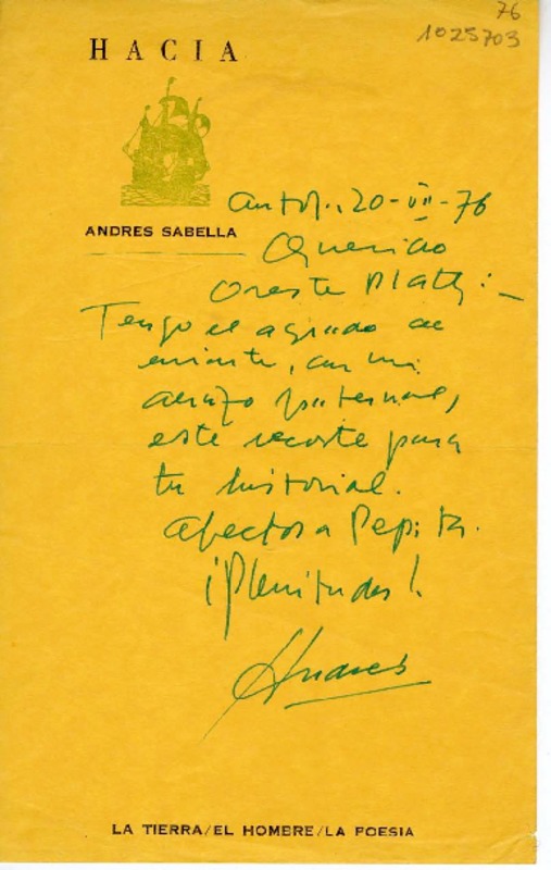 [Carta] 1976 junio 20, Antofagasta, Chile [a] Oreste Plath  [manuscrito] Andrés Sabella.
