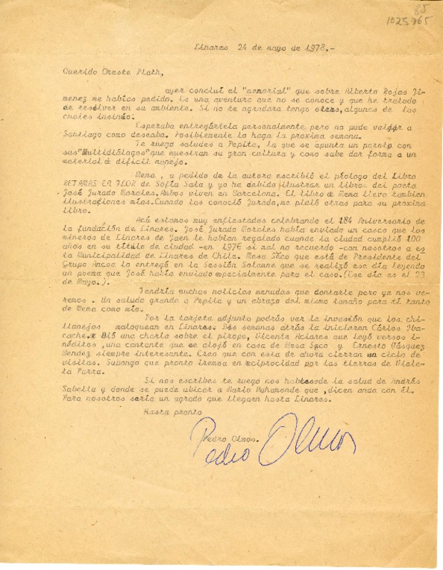 [Carta] 1978 mayo 24, Linares, Chile [a] Oreste Plath  [manuscrito] Pedro Olmos.