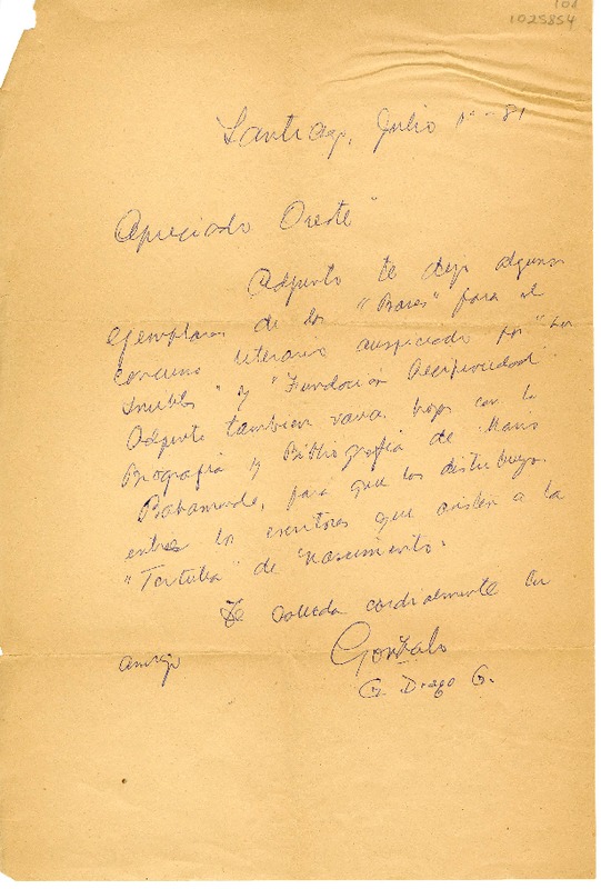 [Carta] 1981 julio 1, Santiago, Chile [a] Oreste Plath  [manuscrito] Gonzalo Drago.