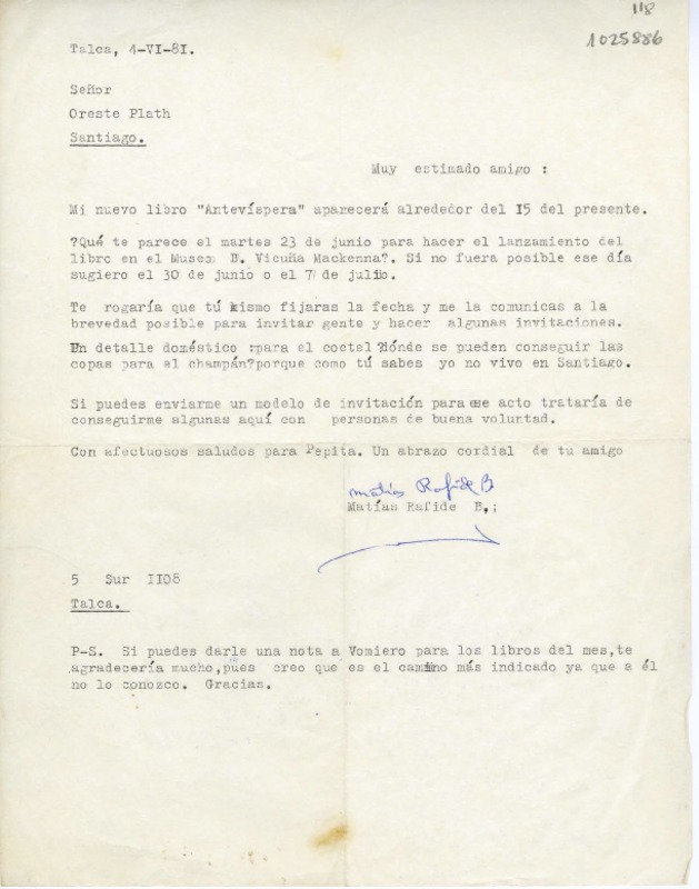 [Carta] 1981 junio 4, Talca, Chile [a] Oreste Plath, Santiago  [manuscrito] Matías Rafide.