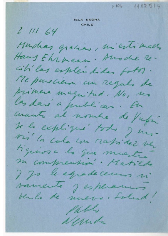 [Carta] 1964 marzo 2, Isla Negra, Chile [a] Hans Ehrmann  [manuscrito] Pablo Neruda.