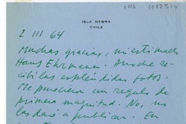 [Carta] 1964 marzo 2, Isla Negra, Chile [a] Hans Ehrmann  [manuscrito] Pablo Neruda.