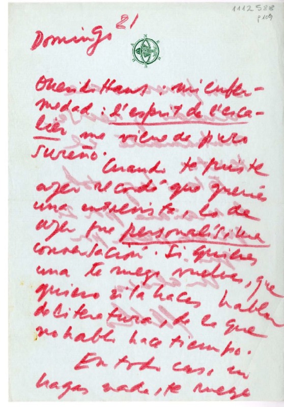 [Carta] [1968] domingo 21, Isla Negra, Chile [a] Hans Ehrmann  [manuscrito] Pablo Neruda.