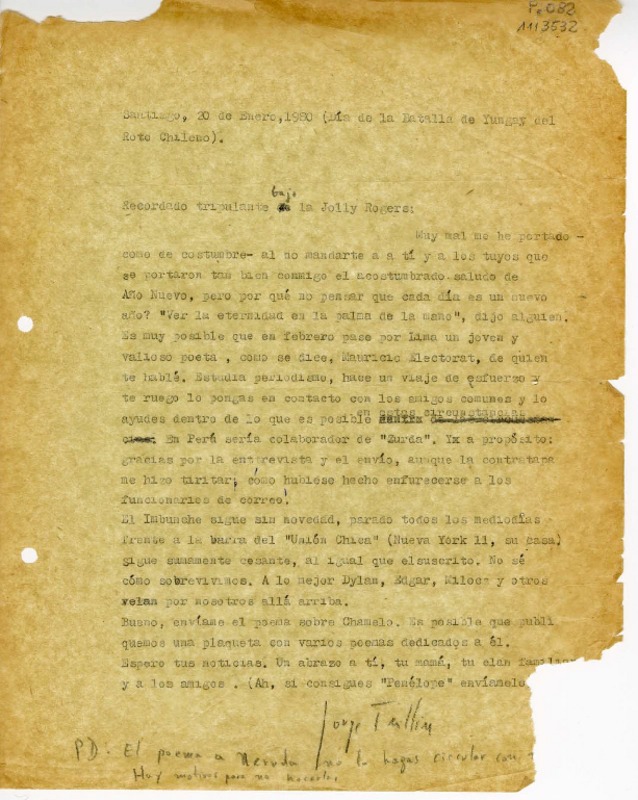 [Carta] 1980 enero 20, [Santiago, Chile] [al] Tripulante  [manuscrito] Jorge Teillier