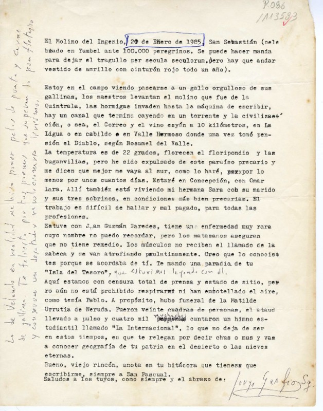 [Carta] 1985 enero 20, [Santiago, Chile] [a] Viejo rincón [Juan Cristobal]  [manuscrito] Jorge Teillier.