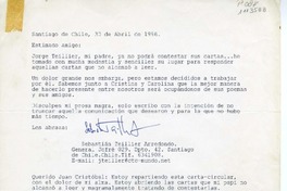 [Carta] 1996 abril 30, Santiago, Chile [a] Juan Cristobal  [manuscrito] Sebastián Teillier.