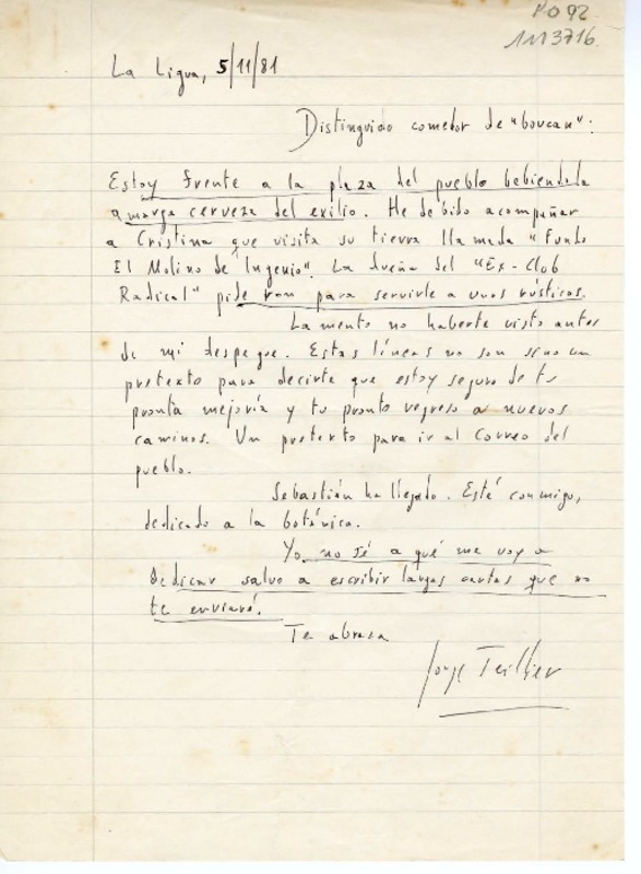 [Carta] 1984 noviembre 5, Ligua, Chile [a] [Juan Cristobal]  [manuscrito] Jorge Teillier.
