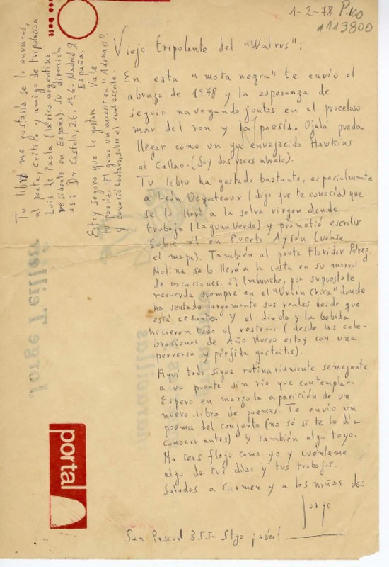 [Carta] 1978 enero 2, [Santiago, Chile] [al] Viejo Tripulante del "Walrus"  [manuscrito] Jorge Teillier.