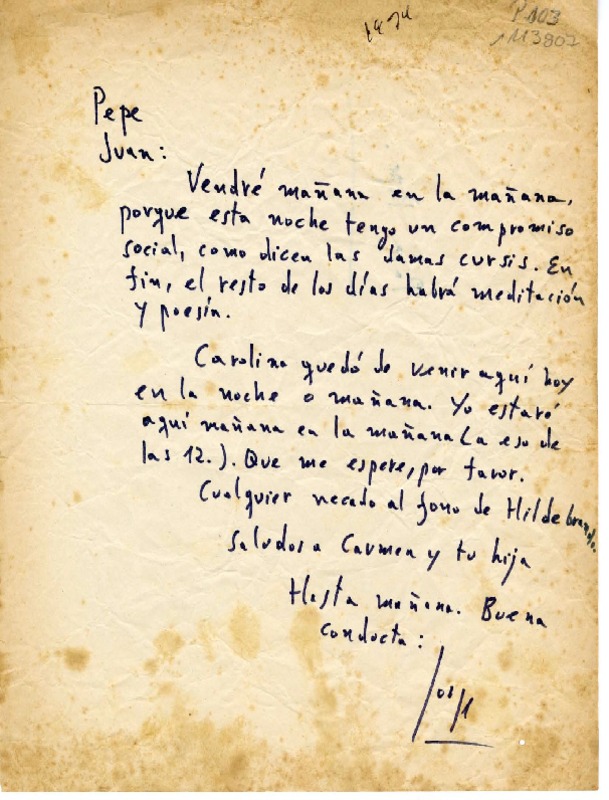 [Carta] 1974 [Santiago, Chile] [a] Pepe y Juan [Cristobal]  [manuscrito] Jorge Teillier.