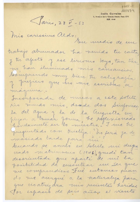 [Carta] 1953 mayo 28, Paris, Francia [a] Aldo [Italia]  [manuscrito] Stella Corvalán.