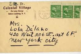 [Carta] 1947 julio 26, Bolton Landing, Nueva York [a] Lola Falcón  [manuscrito] Luis Enrique Délano.