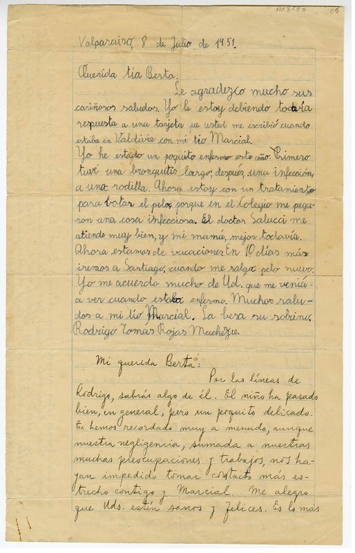 [carta] 1951 julio 8, Valparaíso, Chile [a] Berta  [manuscrito] Gonzalo Rojas.