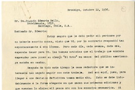 [Carta] 1936 octubre 12, Brooklyn, Nueva York [a] Joaquín Edwards Bello, Santiago, Chile  [manuscrito] Victoria Ferguson.